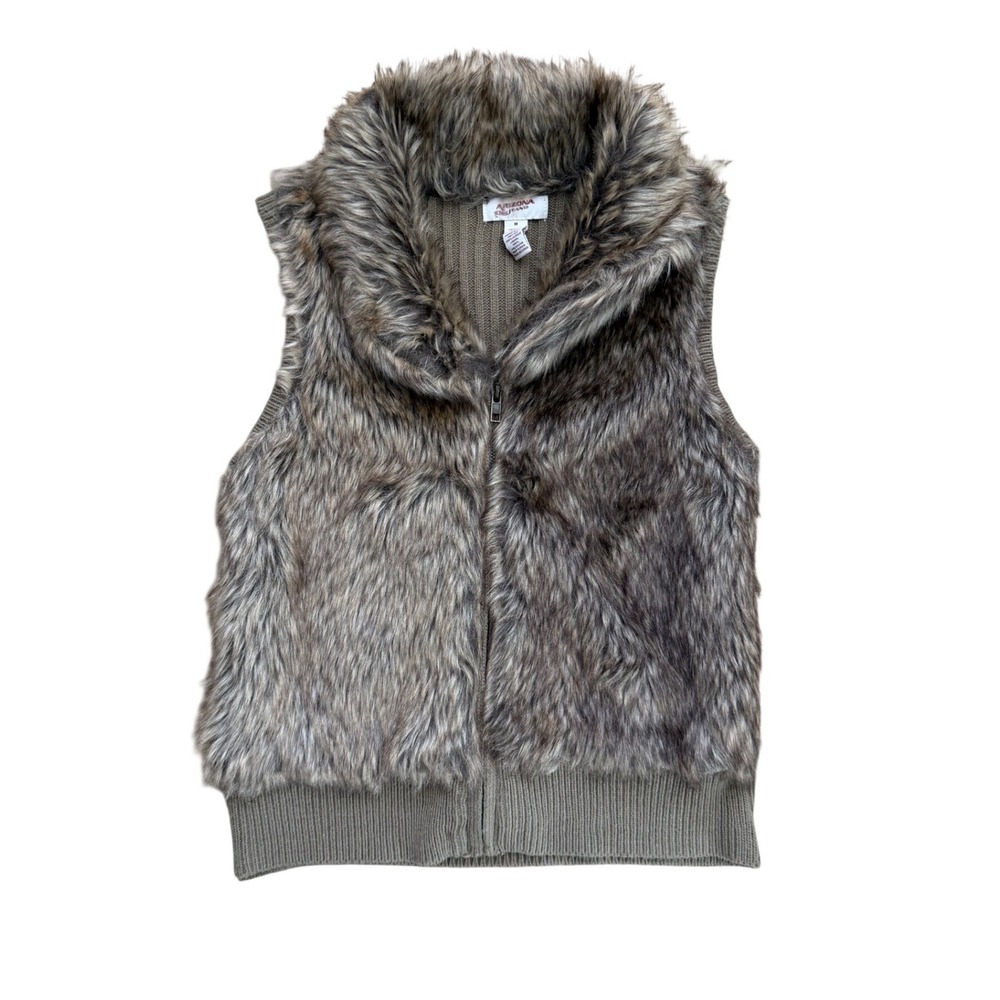 Y2k Faux Fur Ribbed Knit Zip Up Vest Brown Tan M Boho indie vtg